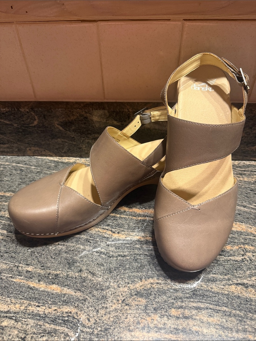 Dansko Taupe Cross-Strap Leather Clogs with Buckle
